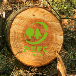 tronc d'arbre coupé avec logo PEFC en vert 